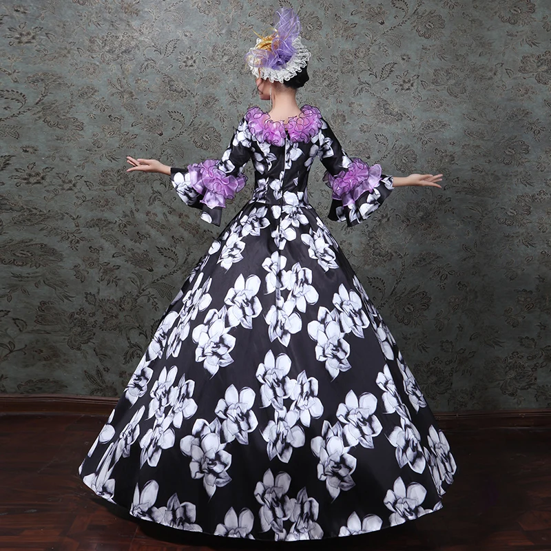 

18th Century Marie Antoinette Period Dress White Floral Pattern Purple Ruffles Historical Masquerade Ball Gowns Costumes