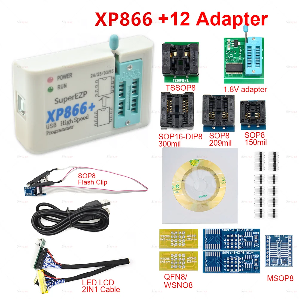 Программатор Upmely XP866 USB SPI + 12 адаптеров поддержка 24 25 93 95 EEPROM Flash Bios Minipro калькулятор