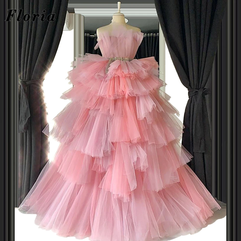 

Saudi Arabia Pink Evening Dresses Robe De Soiree 2021 Women Arabic Long Party Night Gowns Beaded Belt Celebrity Prom Dress