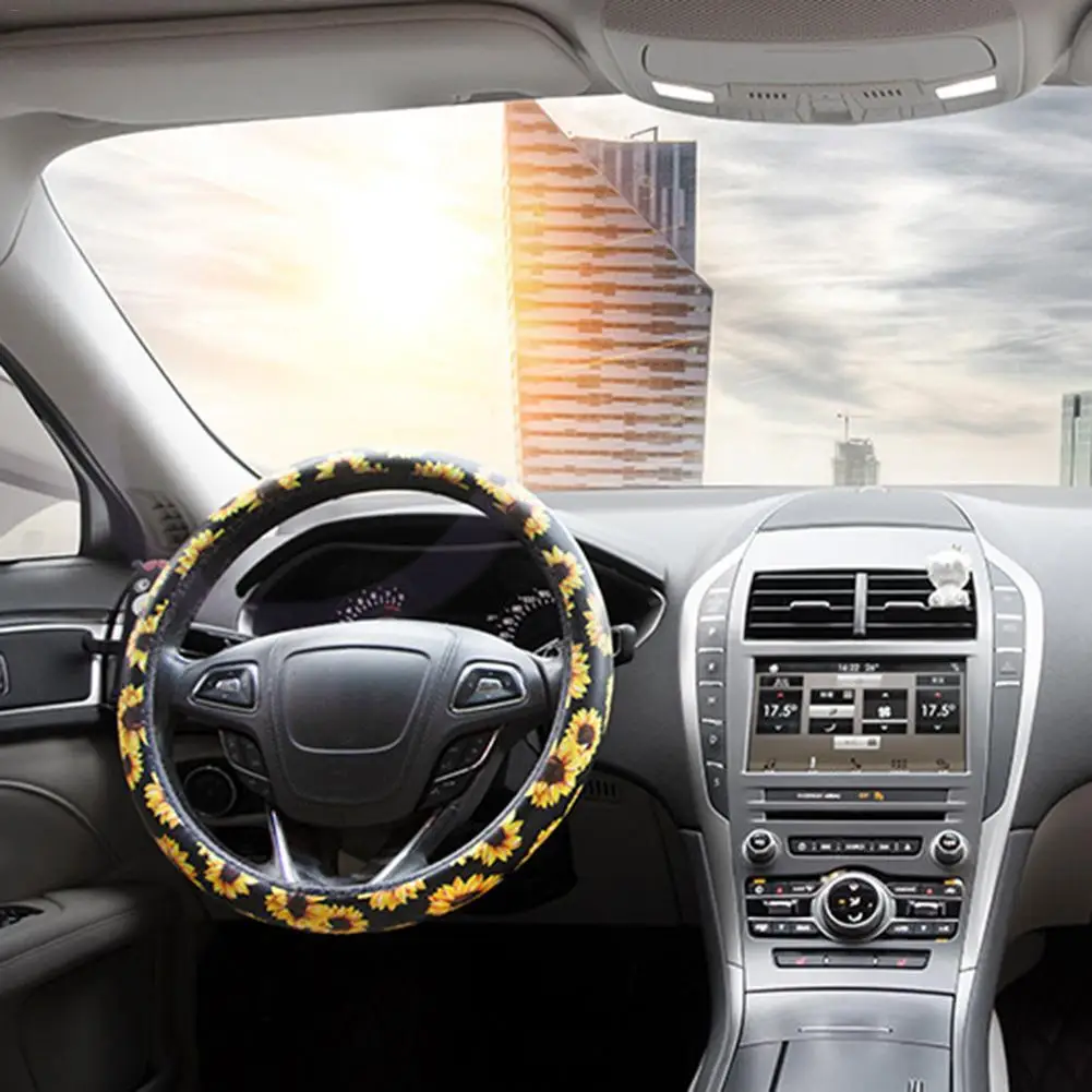 Чехол на руль автомобиля универсальный с рисунком подсолнуха нескользящий