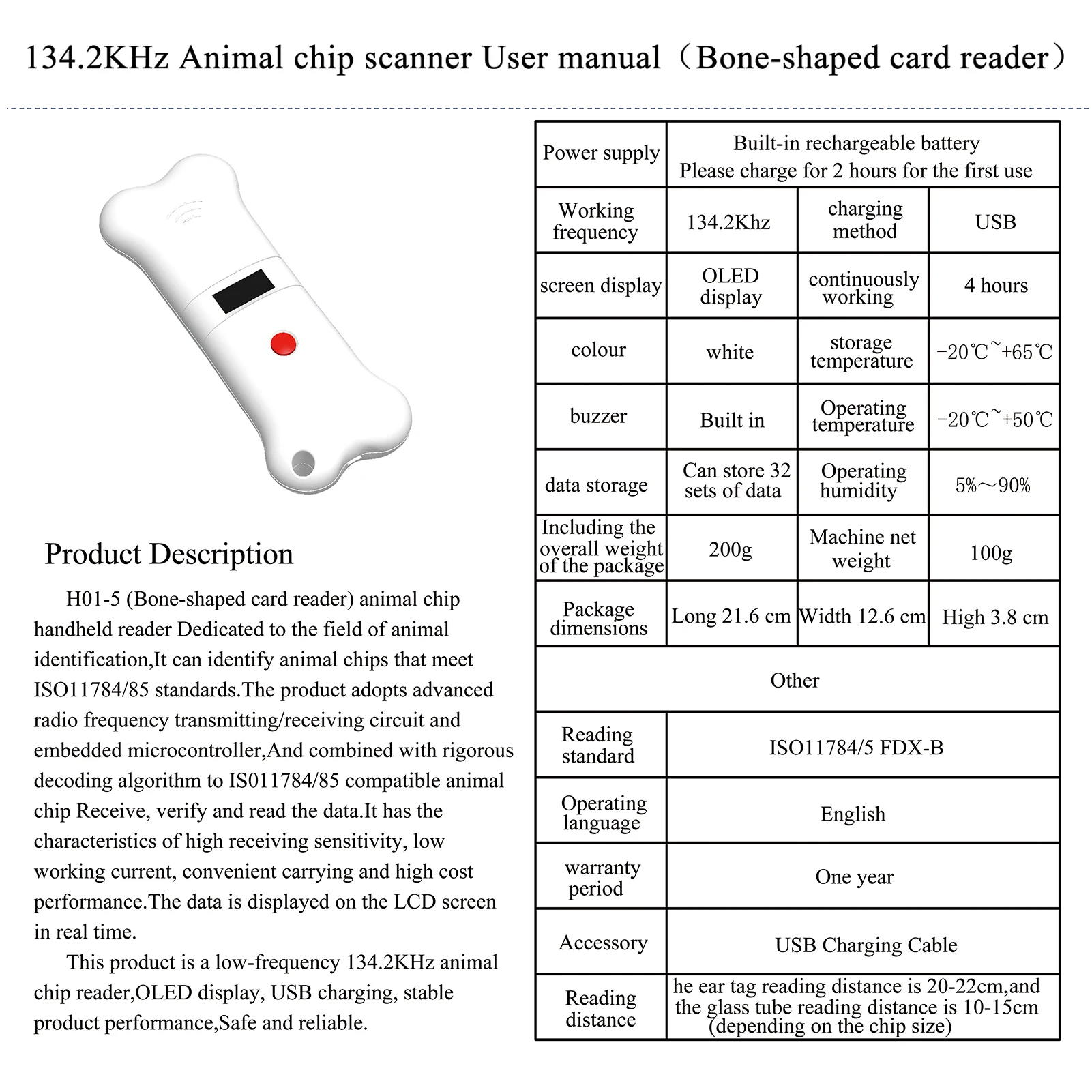 

H01-5 OLED Display Screen 134.2KHz Animal Chip Pet Chip Scanner Handheld Reader Animal Identification Animal Chip Scanner