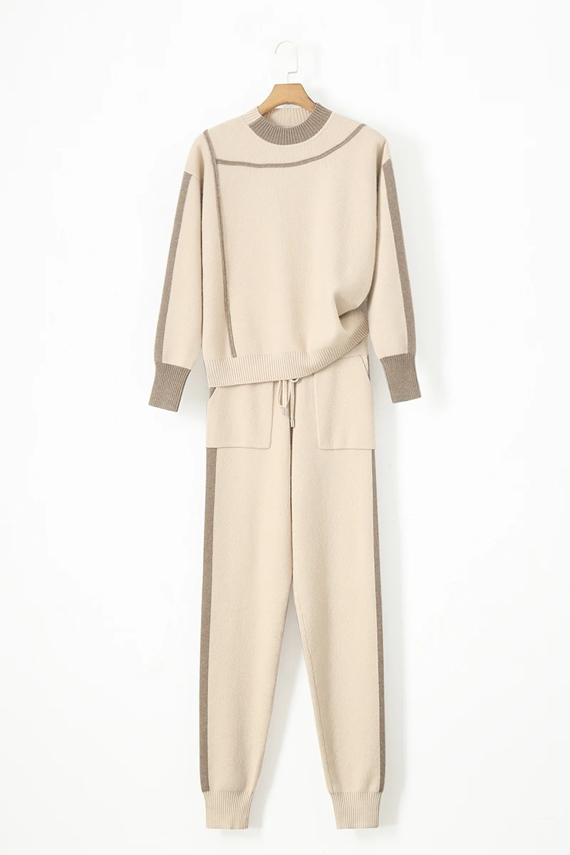 

Wool Hot Sale Bamboo Fiber Full O-neck Drawstring Winter Warm Cashmere Suit 2020 New Sweater + Trousers Two Sets Of