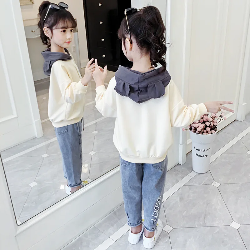 

New Jean Hooded Spring Summer Children's Clothes Set Baby Girls Sweatshirts+ Pants 2pcs/Set Kids Costume Teenage Girl Clothing