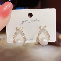14k real gold s needle micro inlaid zircon cross pearl exquisite stud earrings for women cubic zircon zc earrings