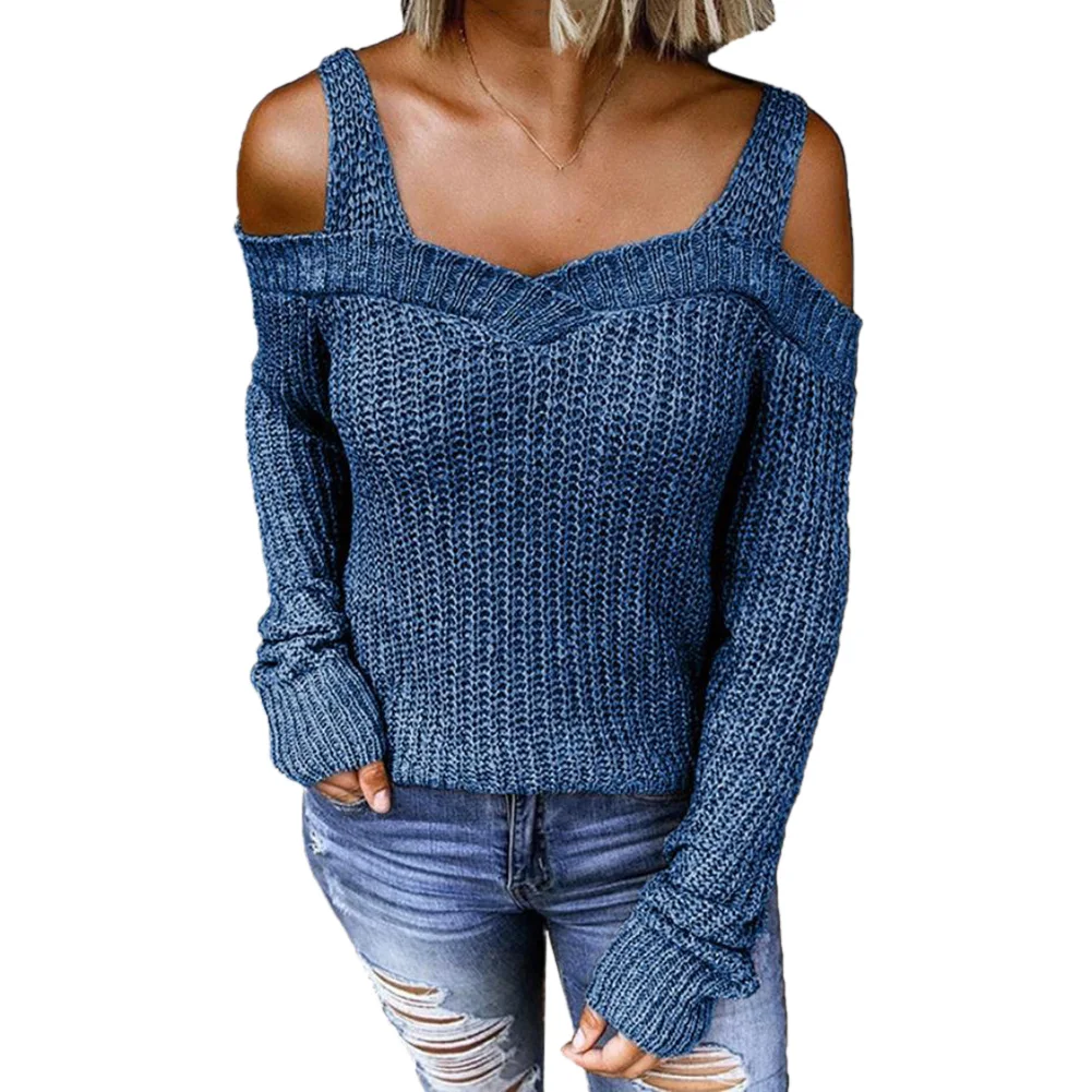 

Autumn Women Knitted Off Shoulder Sweater Long Sleeve Pullover Tops Loose Warm Solid Color Sexy Strapless Clothing Sweaters 2020