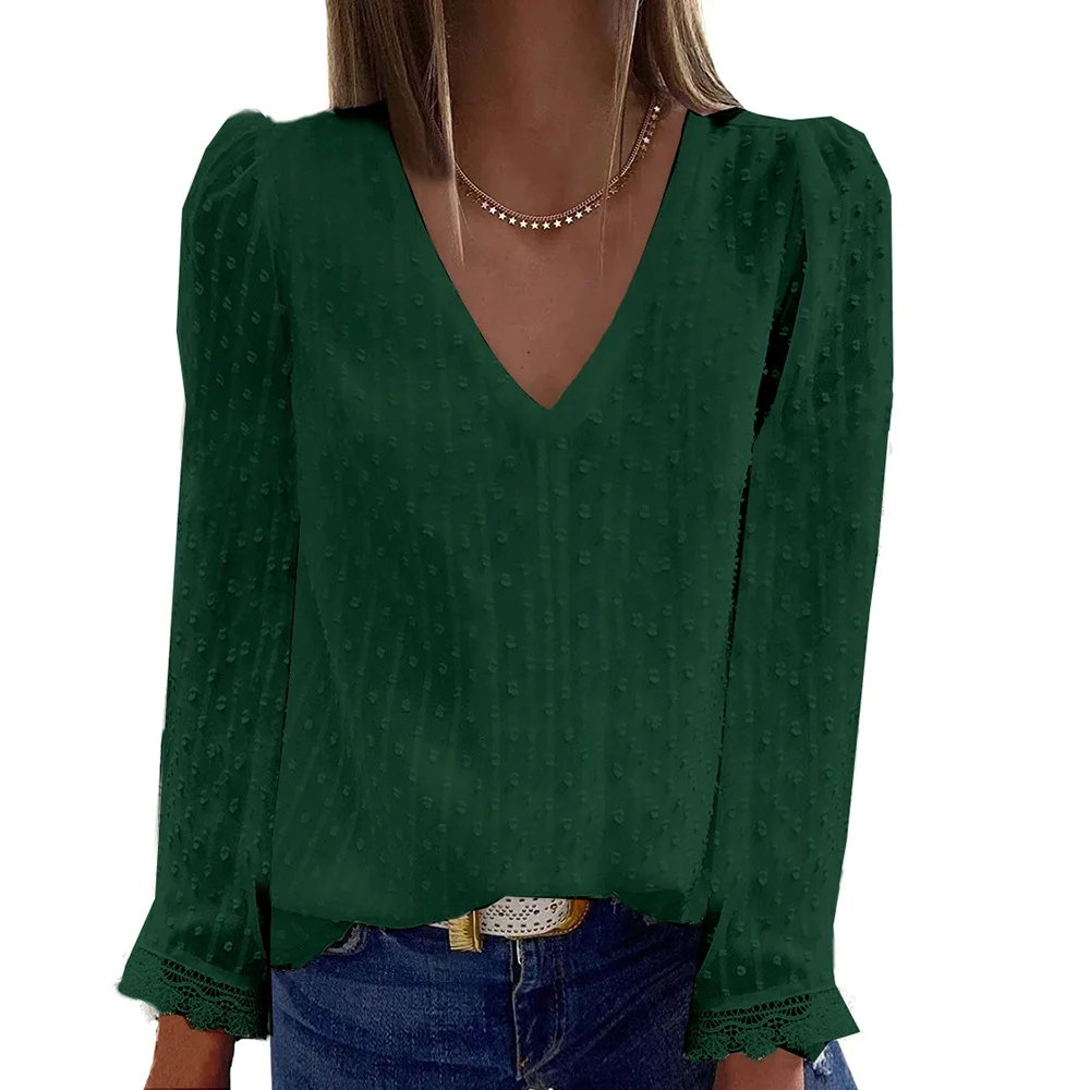 

2021 New Hot Spring And Autumn Jacquard Flowers Fashion Harajuku Loose V-neck Blouse Lace Urban Leisure Long-sleeve Shirt Women