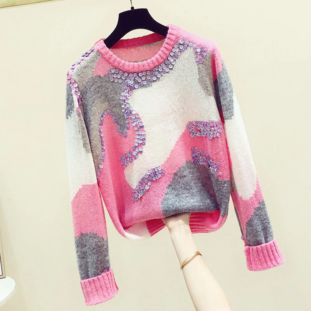 

Pink 2022 New Autumn Winter Color Block Sequins O Neck Pullovers Knitted Top for Women Loose Casual Female Sweaters