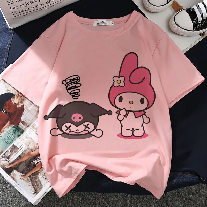Camiseta Kawaii con estampado gráfico de conejo para mujer, camisetas rosas estéticas Harajuku,
