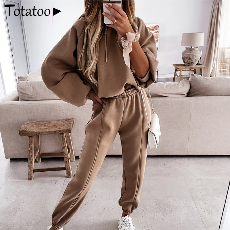 

Totatoop Women Autumn Winter Fleece Hoodie Two Piece Set Tracksuit 2021 Lace Up Sweatshirts Pants Set Female Outfit Sports Suits