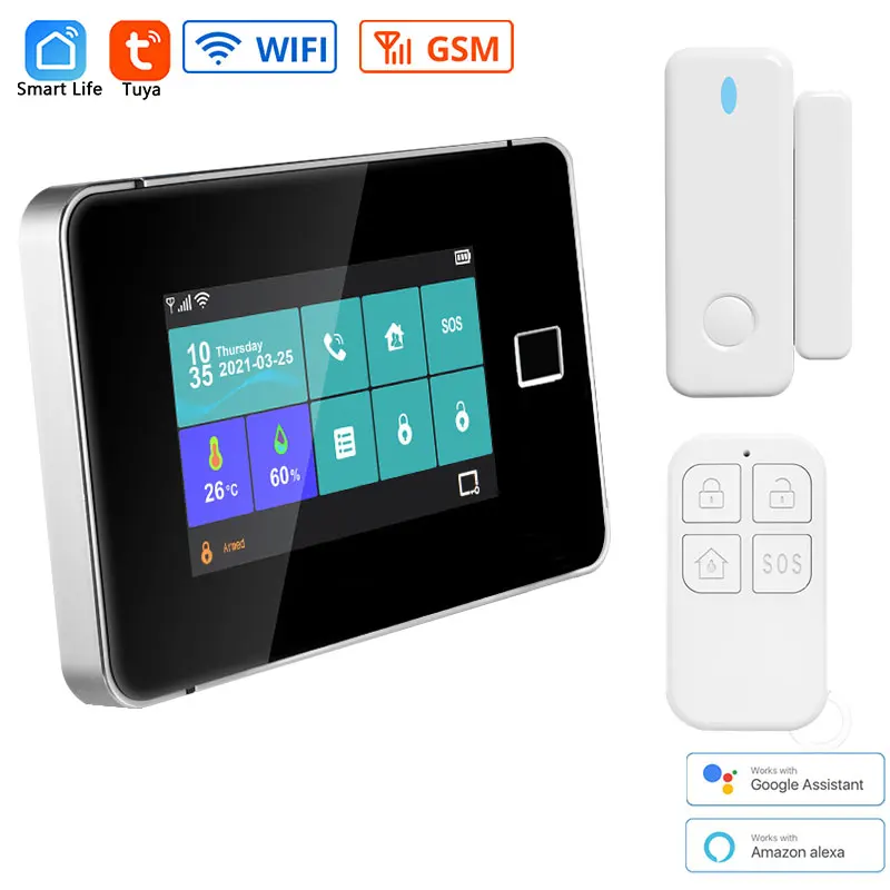 Smart Tuya Wriless Alarm System 4.3 Inch Full Touch Capacitive Screen Voice Operation Prompt Fingerprint Unlock User Password