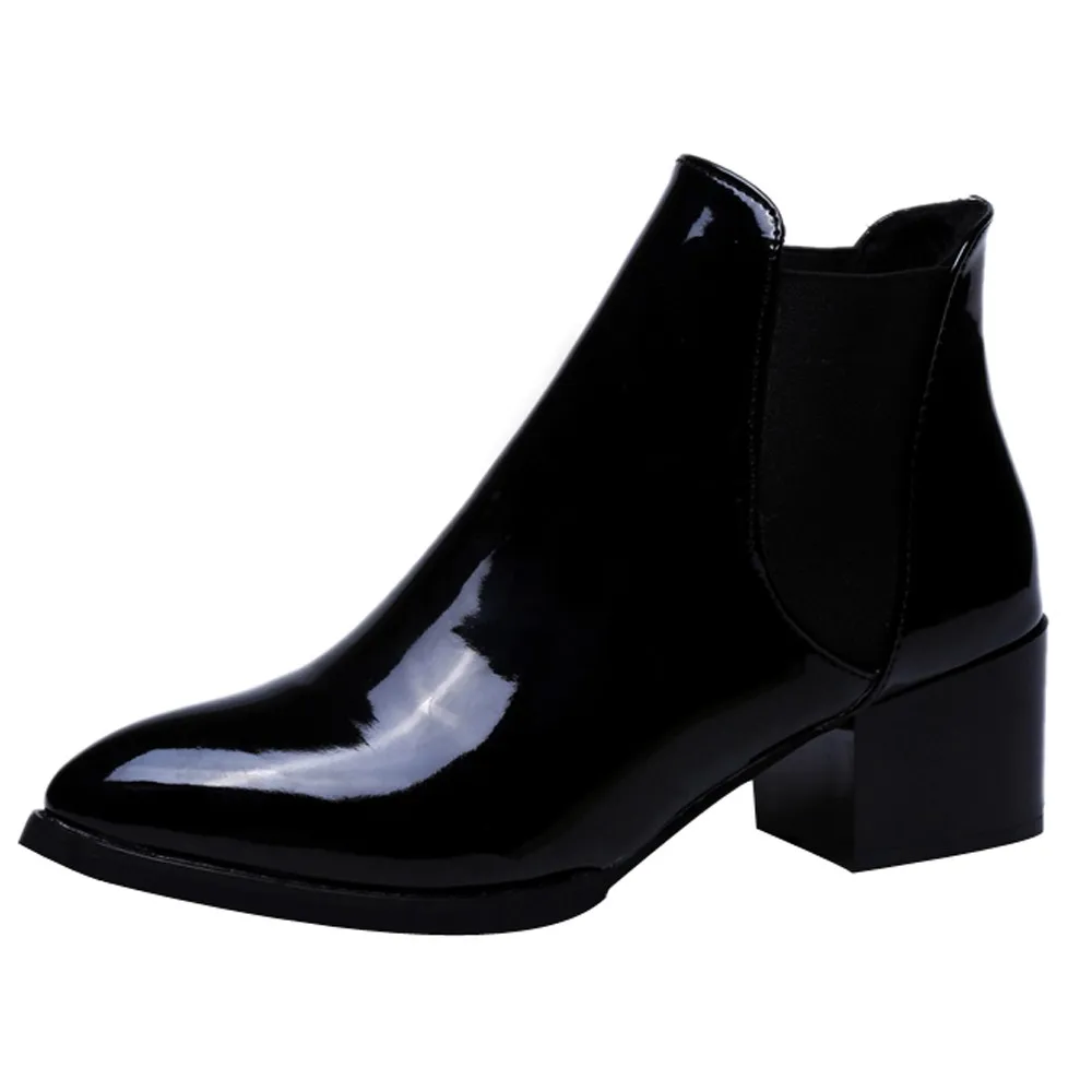 

New Arrival Women Boots Elasticated Patent Leather Ankle Boots Pointed Low Heel Boots Female Sexy Fashion Shoes Zapatillas Mujer