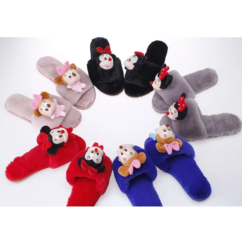 

Disney autumn and winter new warm home cartoon Minnie plush flip flops fashion outer wear non-slip tendon soft bottom