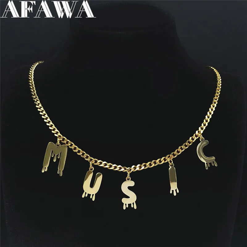 

Letter Music Stainless Steel Letter Pendants Necklaces Women/Men Gold Color Statement Necklace Jewelry cadenas mujer N7003S02