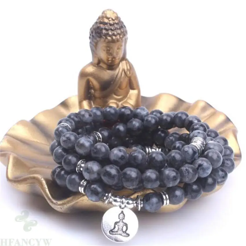 

8mm Spectrolite Gemstone 108 Beads Tassel Mala Necklace Sutra Bless energy pray Handmade Buddhism Healing MONK Unisex Cheaply