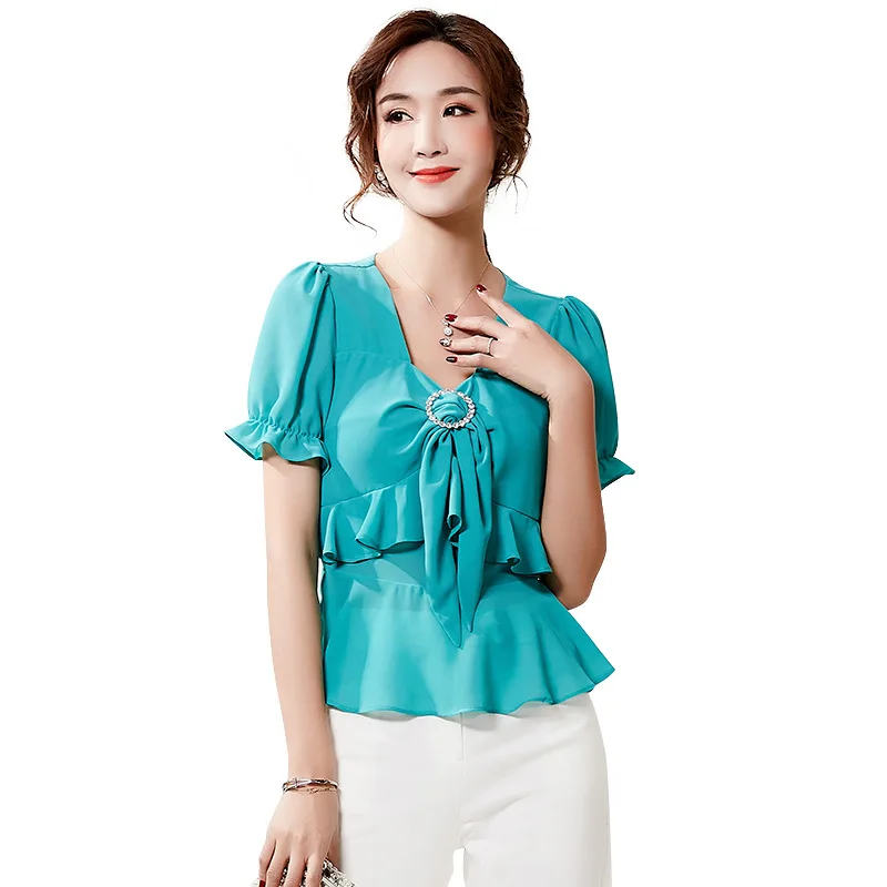 

Womens Tops and Blouses Summer New Korean Version Cultivate Morality Ruffled Temperament Short-Sleeve Chiffon Shirt Women
