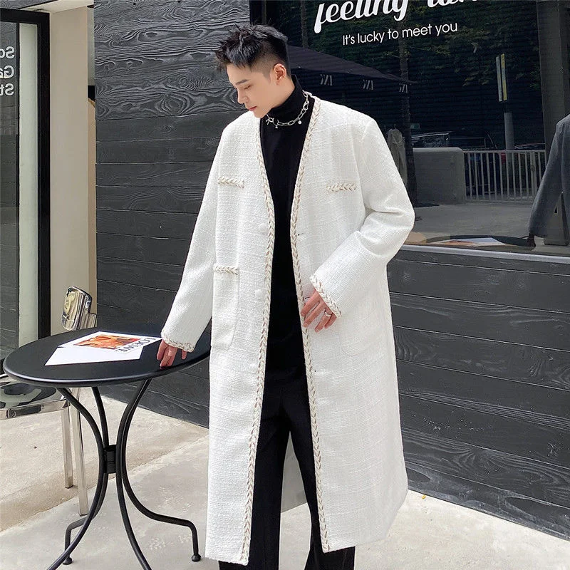 

SYUHGFA 2022 Autumn Winter Medium Long Light Luxury Weave Woolen Coat Profile Personality White Collarless Single Breasted Coat