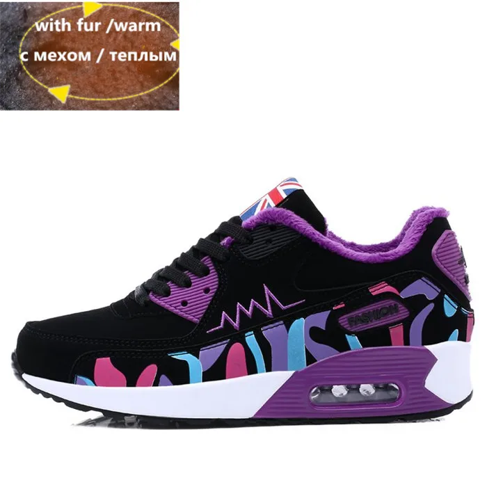 Black Purple Fur VSIOVRY/размеры 34-42, теплые меховые зимние кроссовки, женские мягкие беговые кроссовки, легкая мягкая Нескользящая спортивная обувь для бега для женщин - Цвет: Black Purple Fur