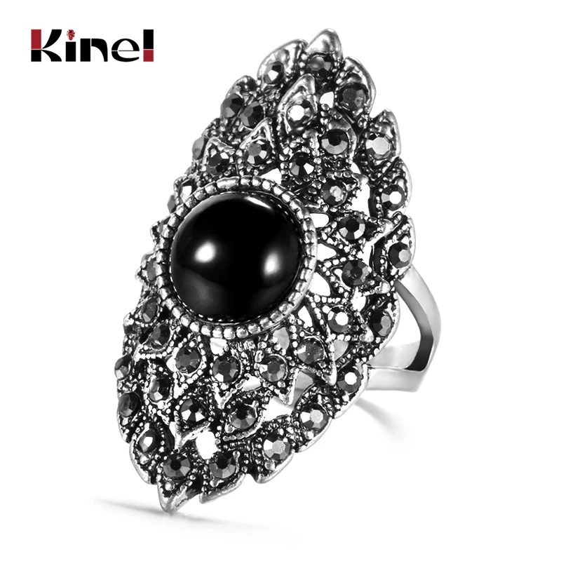 Новые Кольца Kinel с черным камнем для женщин женское винтажное серебряное
