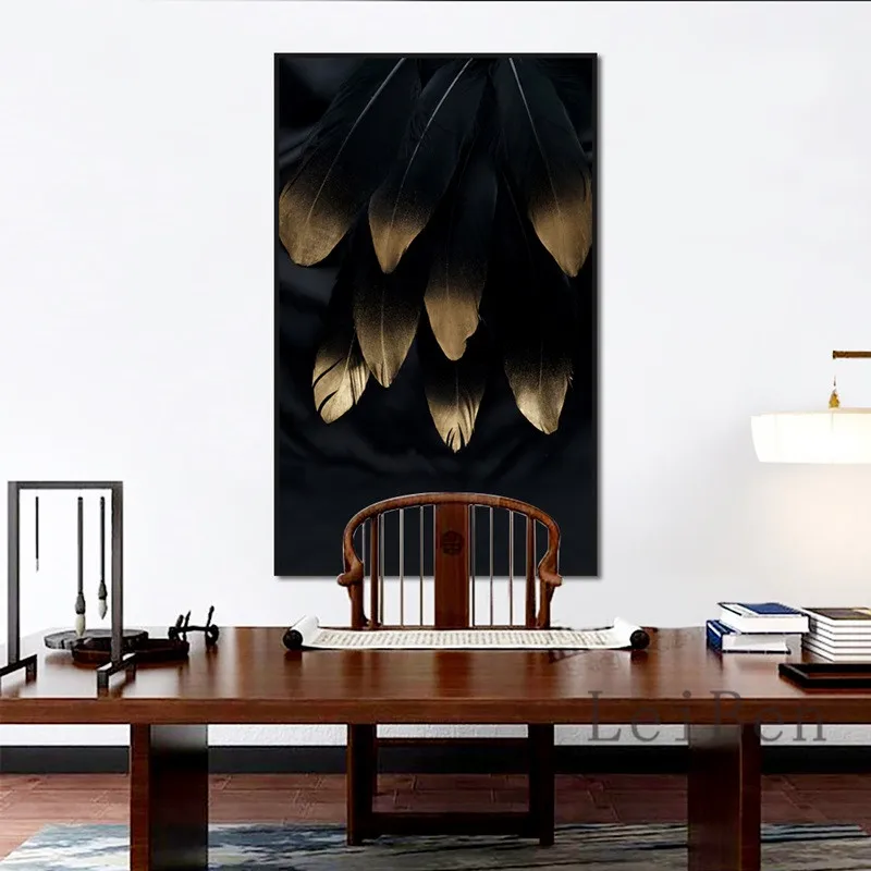 Черный минималистичный плакат с золотыми листьями темный постер холст живопись