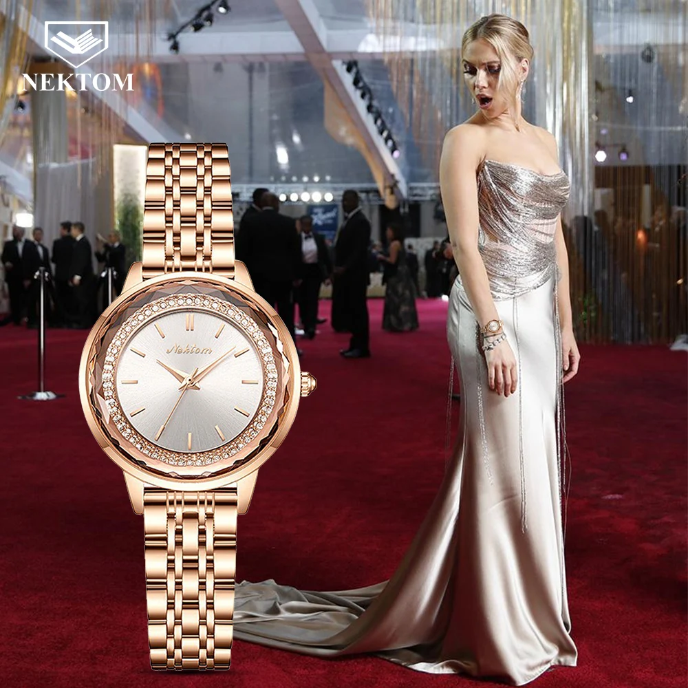 

NEKTOM Роскошные модные водонепроницаемые женские часы Стразы розовое золото кварцевые часы с кожаным ремешком наручные часы