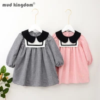 mudkingdom plaid dress for girls casual sailor collar long puff sleeve spring autumn dresses toddler drop shoulder kids clothes