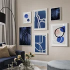 Синий абстрактный настенный холст с принтом, Раскрашивание геометрических линий, Пальмовые Листья, растение, скандинавский постер, настенные картины для декора гостиной