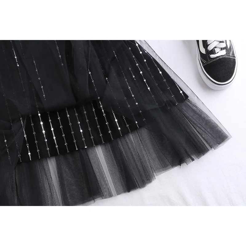 женская длинная юбка с бархатом и сеткой SURMIITRO плиссированная из тюля черного