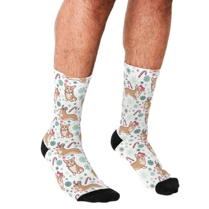 

2021 Funny Men's socks Corgi Christmas Pattern Printed hip hop Men Happy Socks cute boys street style Crazy Socks for men