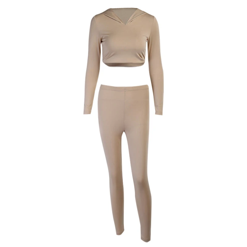 

2021 Spring Fall 2 Pcs Women Solid Color Outfits Autumn Adults Sexy Long Sleeve Hooded Crop Top + Pencil Pants Tracksuit