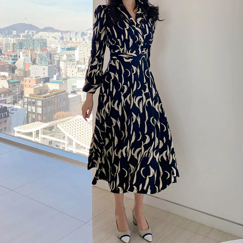 

Women Vintage A Line Vestido Office Lady Shirt Dresses Autumn Fashion Summer Print Elegant Retro
