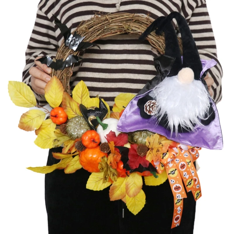 

2021 New 18 Inch Halloween Artificial Wreath Gnome Pumpkin Ornaments for front Door Wall Hanging Fall Thanksgiving Decor