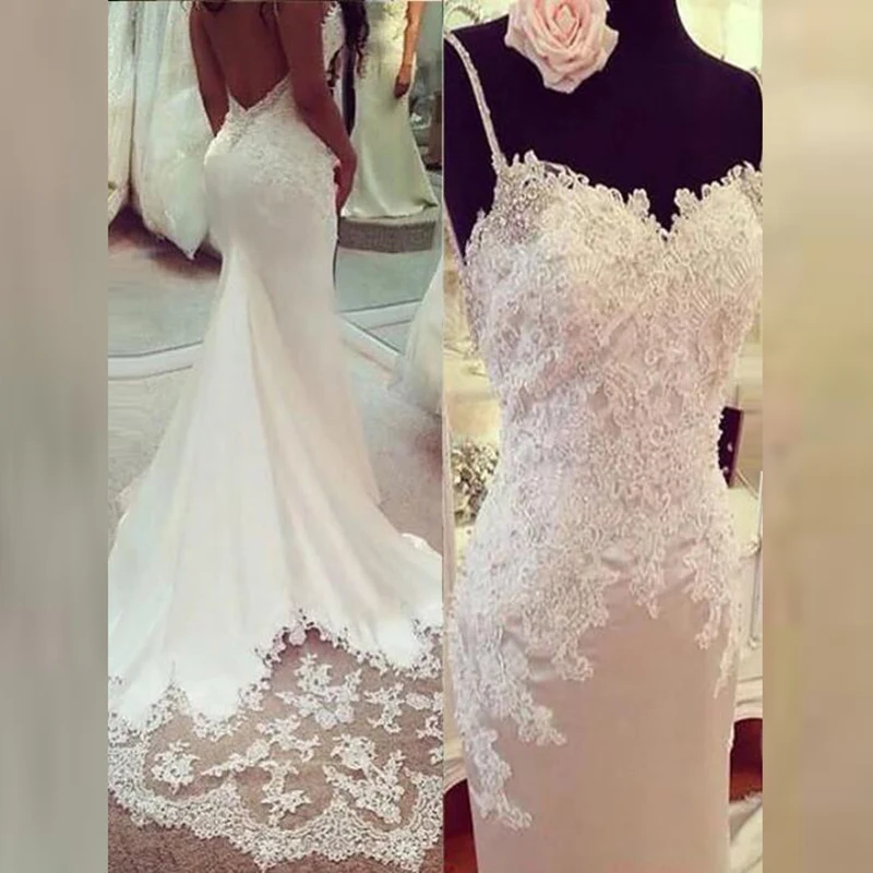 

Latest Elegant Real Sample Lace Backless Bridal Wedding Dresses Spaghetti Straps V Neckline Wedding Gowns for Bride Beaded