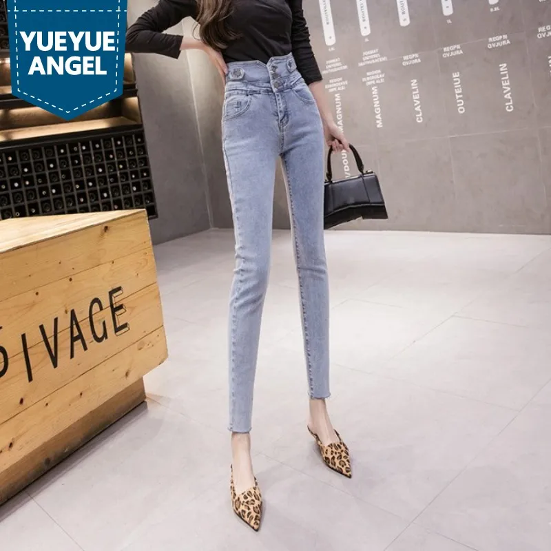 

Women High Waist Buttons Skinny Jeans Pencil Pants Fashion Sexy Slim Fit Office Ladies Denim Pants Ankle Length Casual Jeans