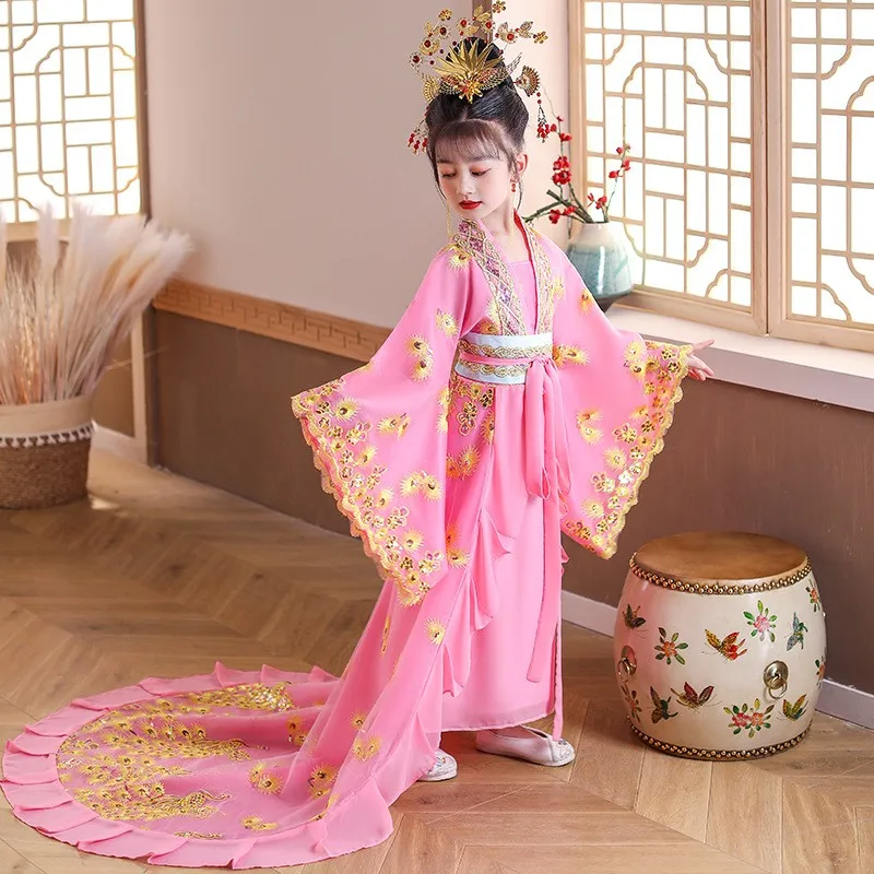 

Red Embroidery Children Chinese Style Hanfu Dress Tailing Girl Elegant Costume Ancient Style Tang Suit Princess Fairy Dress