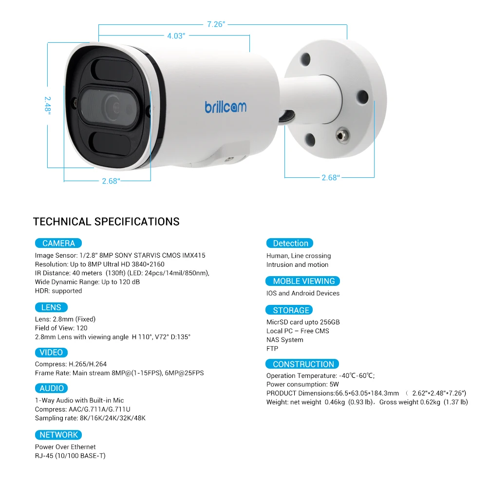 IP камера Brillcam 8 Мп UHD инфракрасная цилиндрическая с объективом 2 мм PoE IP67