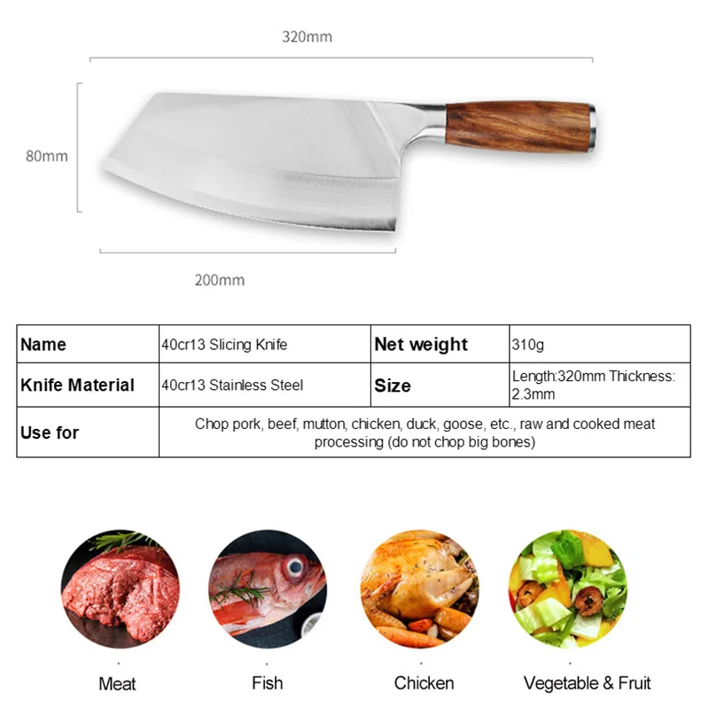 

8inch Kitchen Knife Stainless Steel Meat Chopping Cleaver Slicing Vegetables Chinese Chef Knife