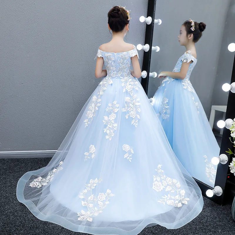 

Flower Girl Dress ChampagneTrailer Puffy Wedding party Dress Girl First Communion Eucharist Attended Princess Lace Evening Dress