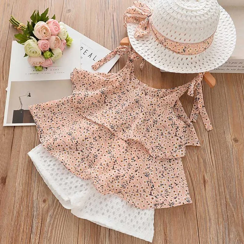 

Girls Clothing Set 2020 Summer Kids Clothes Floral Chiffon Halter+Embroidered Shorts Straw Children Clothing Kids Clothes Girls