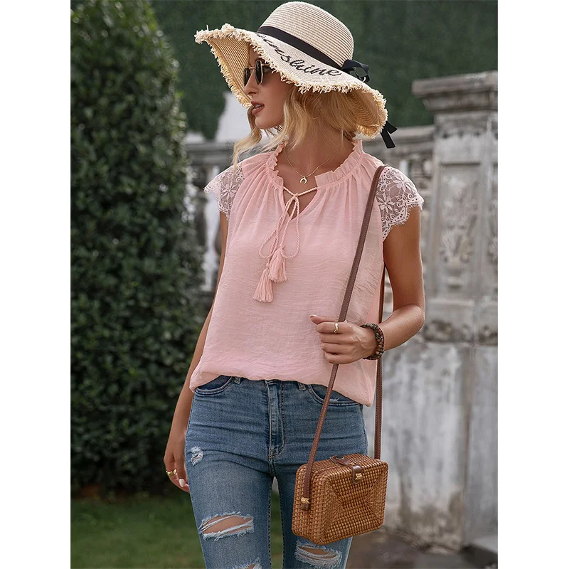 

Pink Loose Solid Color Top 2021 Summer New Women's Hollow Lace Stitching Lace V-neck Loose Casual Top