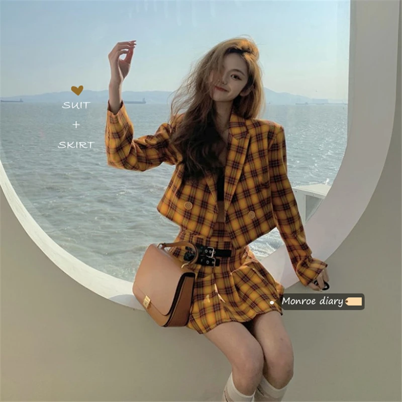 

Woman Blazer Jacket Skirt Office Lattice Suits Korean Two-Piece Single Breasted Business Outwear M318