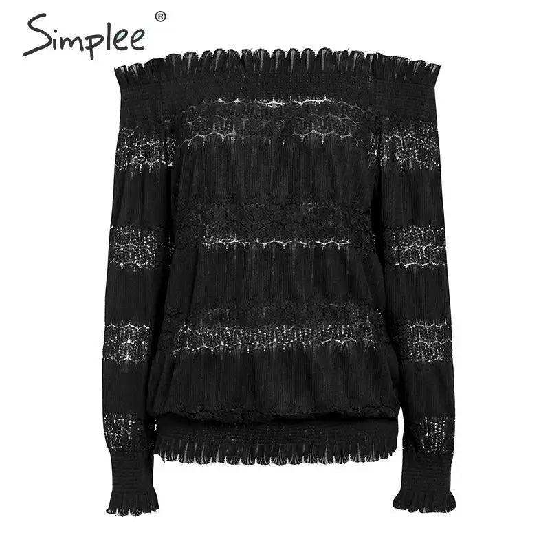 Simplee плиссированная женская блузка с открытыми плечами, рубашка, элегантная кружевная эластичная открытая женская блузка, женские топы на осень и зиму, офисные женские блузки - Цвет: Черный
