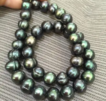 

17inch stunning tahitian 9-10mm black green pearl necklaces 925silver CLASP