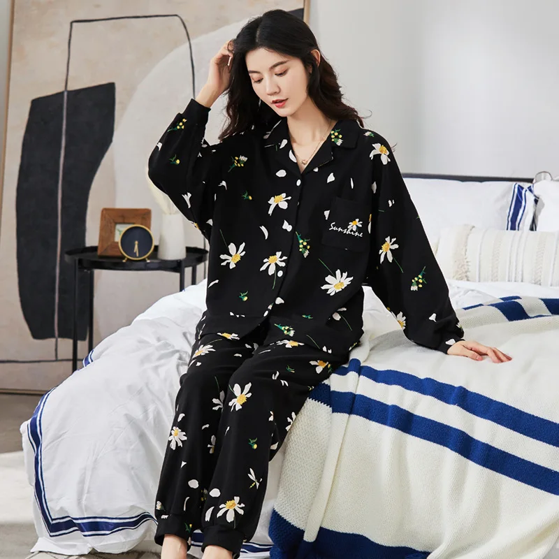 

Korean Style Loose Lapel Causual Pajamas Suits 2PCs Spring Autumn Female Long Sleeves Homewear 100% Cotton Soft