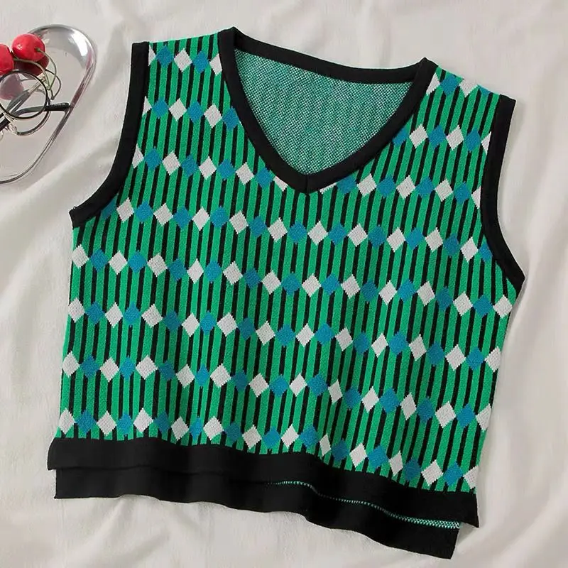 Женский вязаный свитер жилет весна 2020 корейский стиль винтажный пуловер в клетку