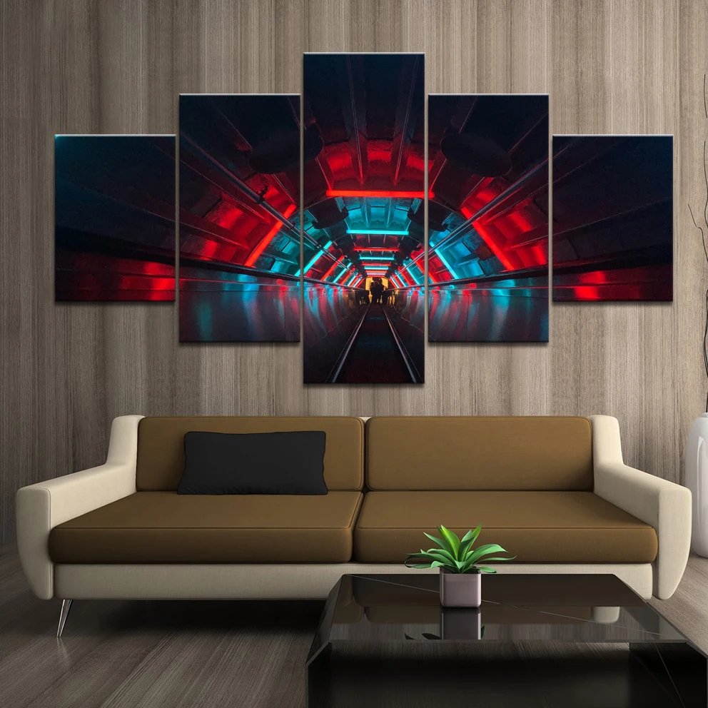 Home Decor Modular Poster 5 Panel escalator tunnel dark neon Painting Modern Canvas Print Pictures Wall Art Frame | Дом и сад
