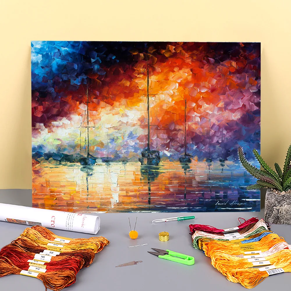 Dramatic Sunrise Pre-Printed 11CT Cross-Stitch Patterns Embroidery DMC Threads Sewing Knitting Handiwork Painting   Floss