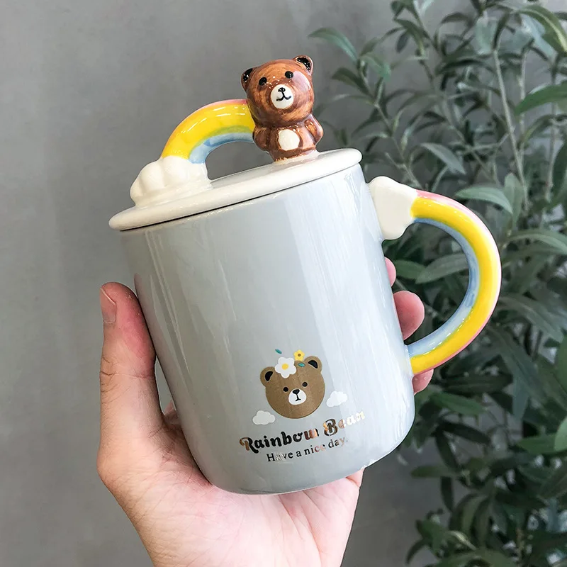 Кофейная кружка в Корейском стиле с радужным мультяшным медведем 400 мл