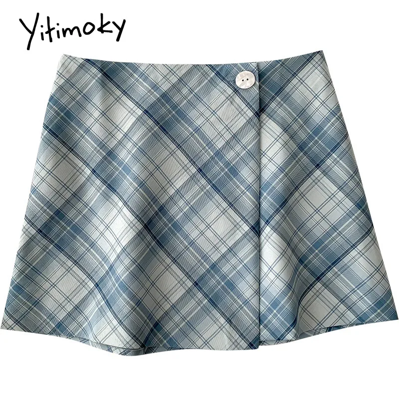 

Yitimoky Vintage Plaid Mini Skirts Womens Casual Harajuku Button Zipper High Waist A-Line Skirts 2021 Spring Korean Fashion New