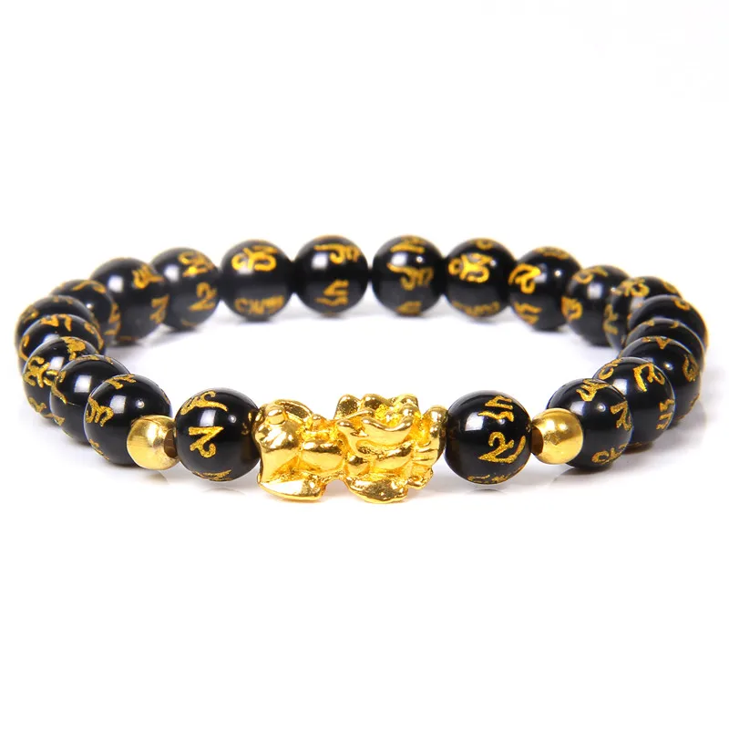 

Women's Men Feng Shui Bracelet Luck Wealth Buddha Black Obsidian stone Beaded Bracelet hombre Gold Charm Pixiu Bracelet Gifts