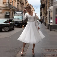 verngo 2021 simple a line short wedding dresses long sleeves v neck soft satin and tulle skirt tea length bridal gown plus size